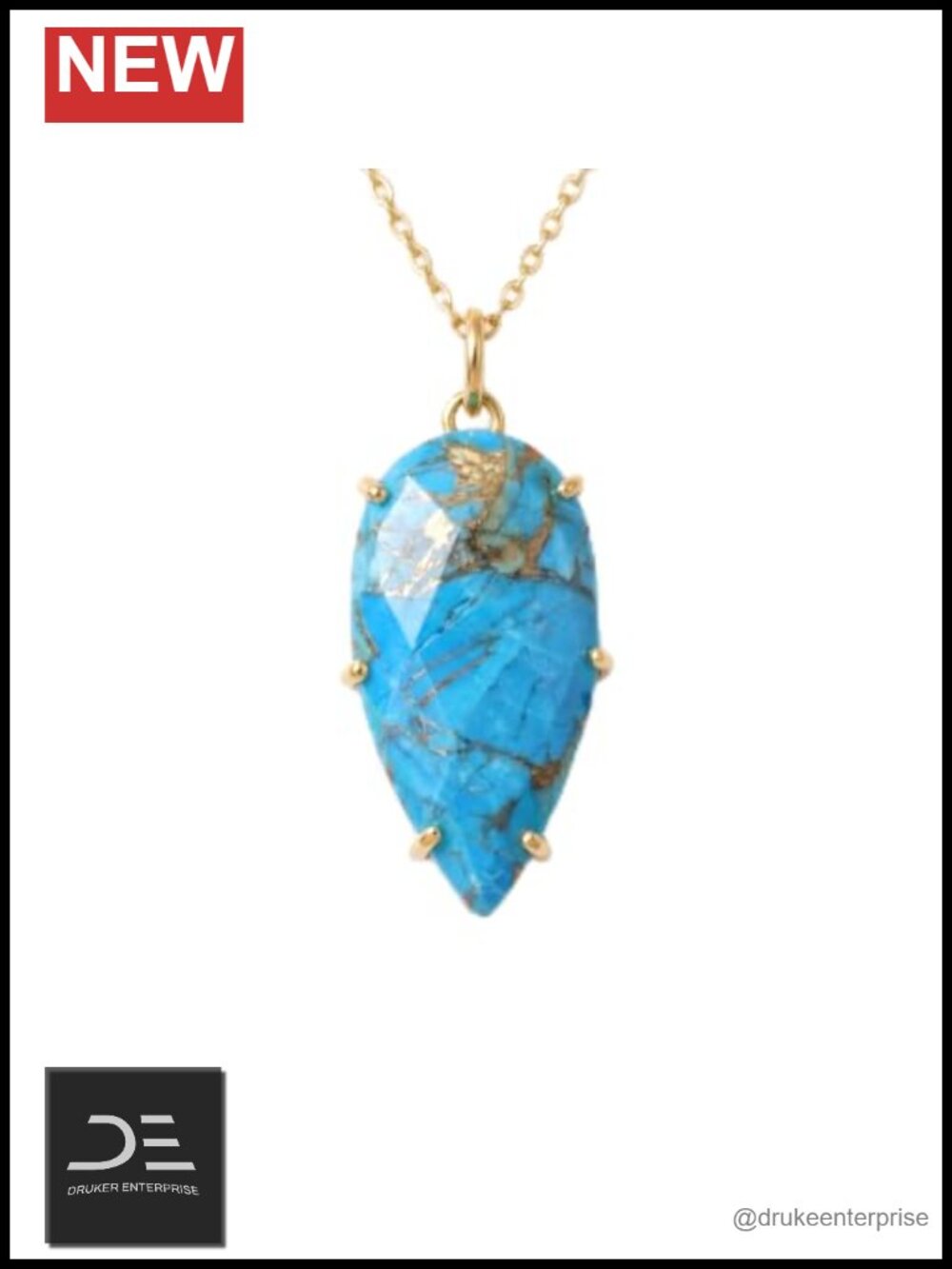Genuine Turquoise Pendant Necklace 925 Sterling Silver 18K Gold Plated Women's